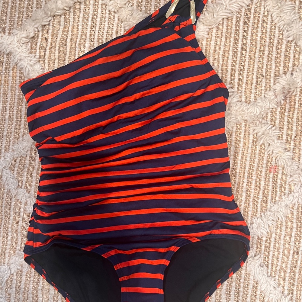Michael Kors Red and Black Striped One-Shoulder Swimsuit